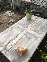 SOLD!Cottage Chic Coffee Table with mother of pearl cross inlay and antique white and grey/taupe SOLD!