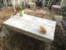 SOLD!Cottage Chic Coffee Table with mother of pearl cross inlay and antique white and grey/taupe SOLD!