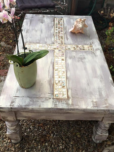 SOLD!Cottage Chic Coffee Table with mother of pearl cross inlay and antique white and grey/taupe SOLD!