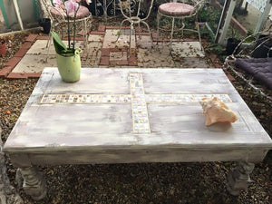 SOLD!Cottage Chic Coffee Table with mother of pearl cross inlay and antique white and grey/taupe SOLD!