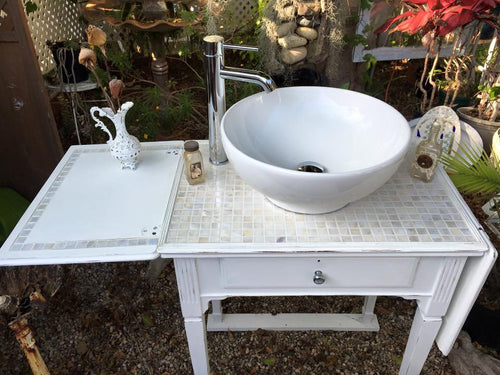 SOLD! Antique Bathroom Vanity, White, Cottage - Farmhouse, White Mother of Pearl inlay