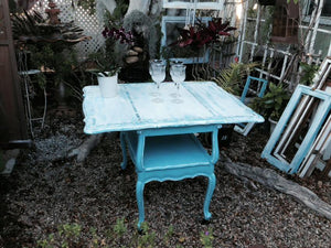 SOLD Antique  Cottage Chic Drop Leaf Table Serving Cart with mother of pearl mosaic inlay