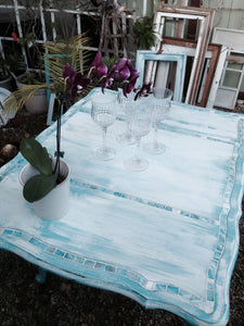 SOLD Antique  Cottage Chic Drop Leaf Table Serving Cart with mother of pearl mosaic inlay
