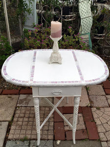 SOLD! Vintage, Shabby Chic, Side Table, Entry Table, Drop Leaf, White, Lavender Mother of Pearl Inlay, Mosiac