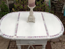 SOLD! Vintage, Shabby Chic, Side Table, Entry Table, Drop Leaf, White, Lavender Mother of Pearl Inlay, Mosiac