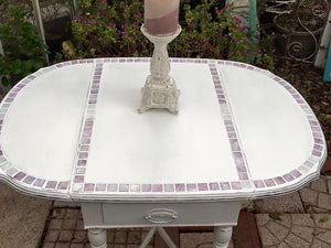 SOLD! Vintage, Shabby Chic, Side Table, Entry Table, Drop Leaf, White, Lavender Mother of Pearl Inlay, Mosiac