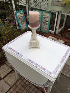 SOLD! Vintage, Shabby Chic, Side Table, Entry Table, Drop Leaf, White, Lavender Mother of Pearl Inlay, Mosiac