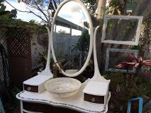 SOLD! Antique 1900 Bathroom Vanity, Mirror, Tiger Oak Wood, Antique White, Dream Mother of Pearl Mosaic-Sale!!
