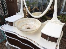 SOLD! Antique 1900 Bathroom Vanity, Mirror, Tiger Oak Wood, Antique White, Dream Mother of Pearl Mosaic-Sale!!