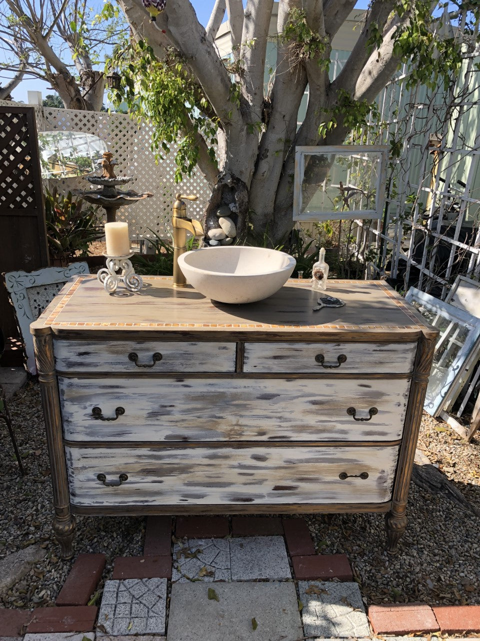 SOLD Bathroom Vanity, Cottage Chic, Farmhouse, Old White with Coco, Bronze Mother of Pearl