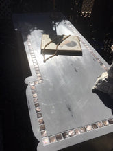 SOLD! Antique Vanity or Desk, Cottage Chic, Grey, Mother of Pearl Tile Inlay, Dark Wax/Pearl Gel