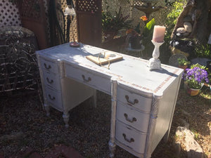 SOLD! Antique Vanity or Desk, Cottage Chic, Grey, Mother of Pearl Tile Inlay, Dark Wax/Pearl Gel