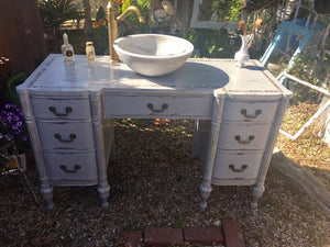 SOLD! Antique Bathroom Vanity, Cottage Chic, Grey, Mother of Pearl Tile Inlay, Marble  Vessel and Antique Bronze faucet