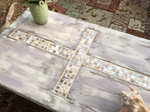 SOLD!Cottage Chic Coffee Table with mother of pearl cross inlay and antique white and grey/taupe SOLD!