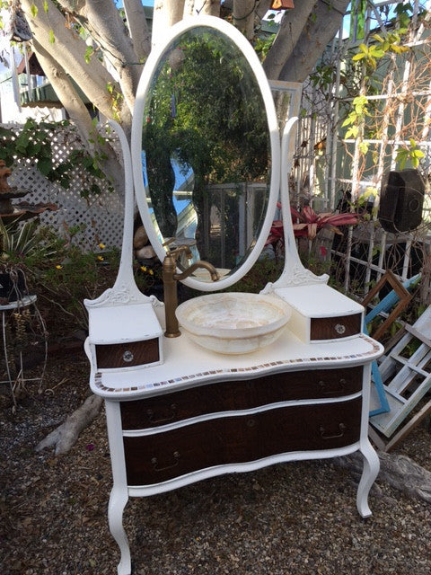 SOLD! Antique 1900 Bathroom Vanity, Mirror, Tiger Oak Wood, Antique White, Dream Mother of Pearl Mosaic-Sale!!