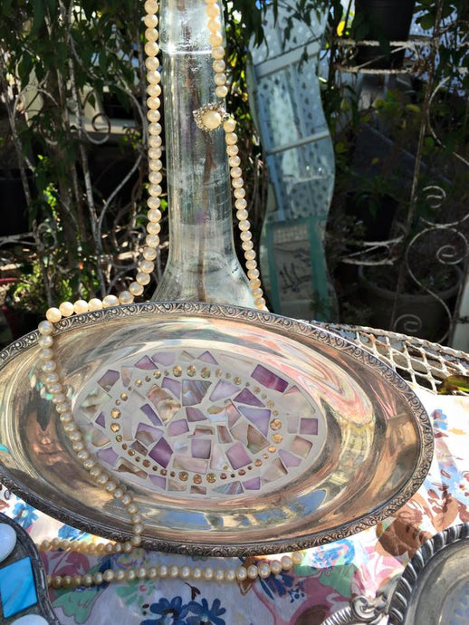 SOLD! Mosaic, Silver Tray, Beachy, Lavender, Creme, Taupe, Mother of Pearl, Rhinestones