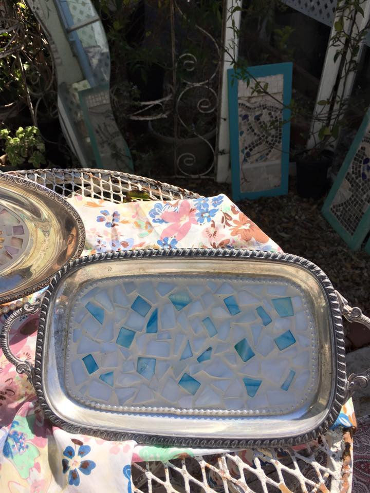 SOLD!Mosaic, Silver Tray, Beachy, Turquoise, White, Mother of Pearl