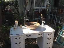 SOLD Antique Cottage Chic White Bathroom Vanity with Mother of Pearl inlay, Marble vessel/faucet
