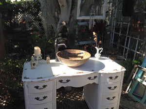 SOLD Antique Cottage Chic White Bathroom Vanity with Mother of Pearl inlay, Marble vessel/faucet