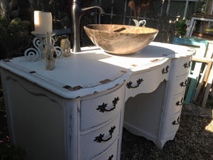SOLD Antique Cottage Chic White Bathroom Vanity with Mother of Pearl inlay, Marble vessel/faucet