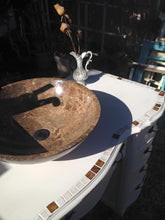 SOLD Antique Cottage Chic White Bathroom Vanity with Mother of Pearl inlay, Marble vessel/faucet