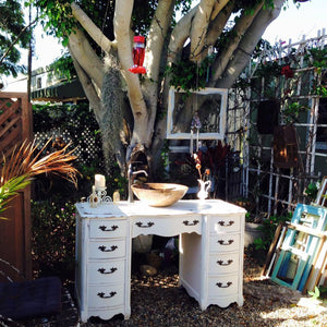 SOLD Antique Cottage Chic White Bathroom Vanity with Mother of Pearl inlay, Marble vessel/faucet